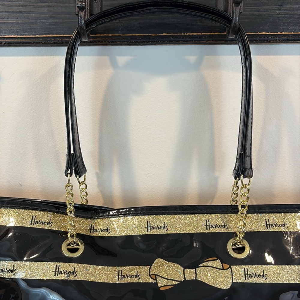 Harrods Black Patent Leather Gold Glitter Bow Large Tote - Picture 2 of 13